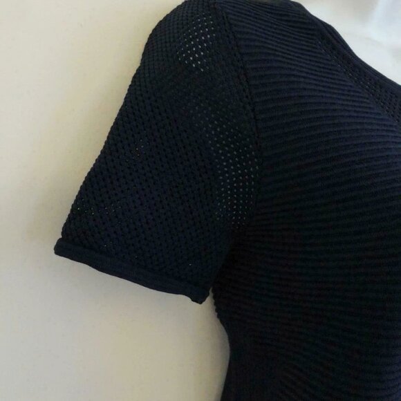 New 3.1 PHILLIP LIM Navy Blue Front Mesh Insert Ribbed Knit Short Sleeve Top L - Picture 3 of 4
